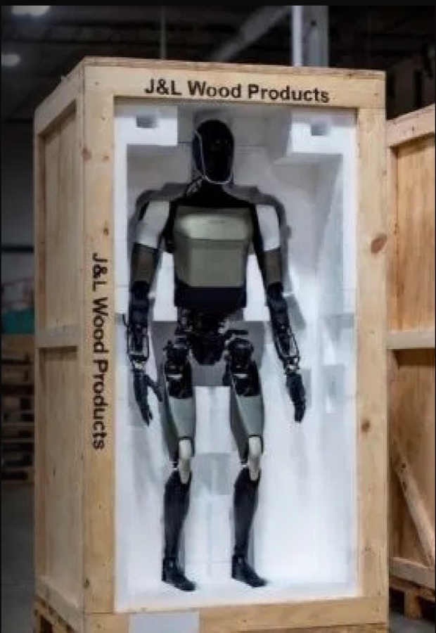 A humanoid robot crated for shipment, ready for StageGate activation
